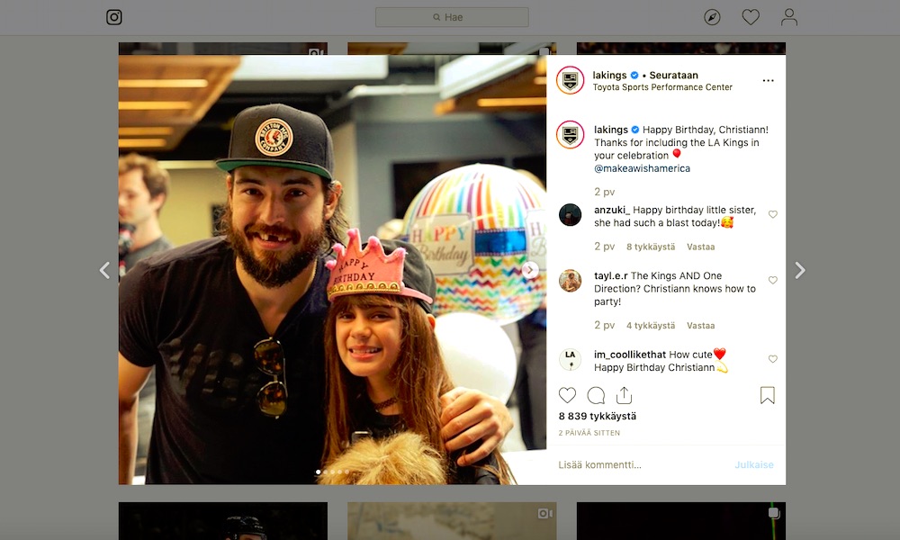 LA Kings toteutti pikkutytön unelman: Christiann Villa pääsi jäälle muun muassa Anze Kopitarin ja Drew Doughtyn kanssa.